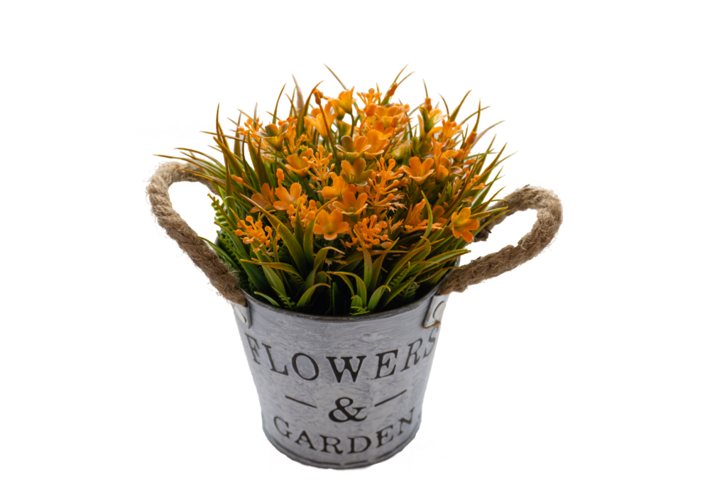 Maceta metal de asas cuerda, con flor gypsophila naranja