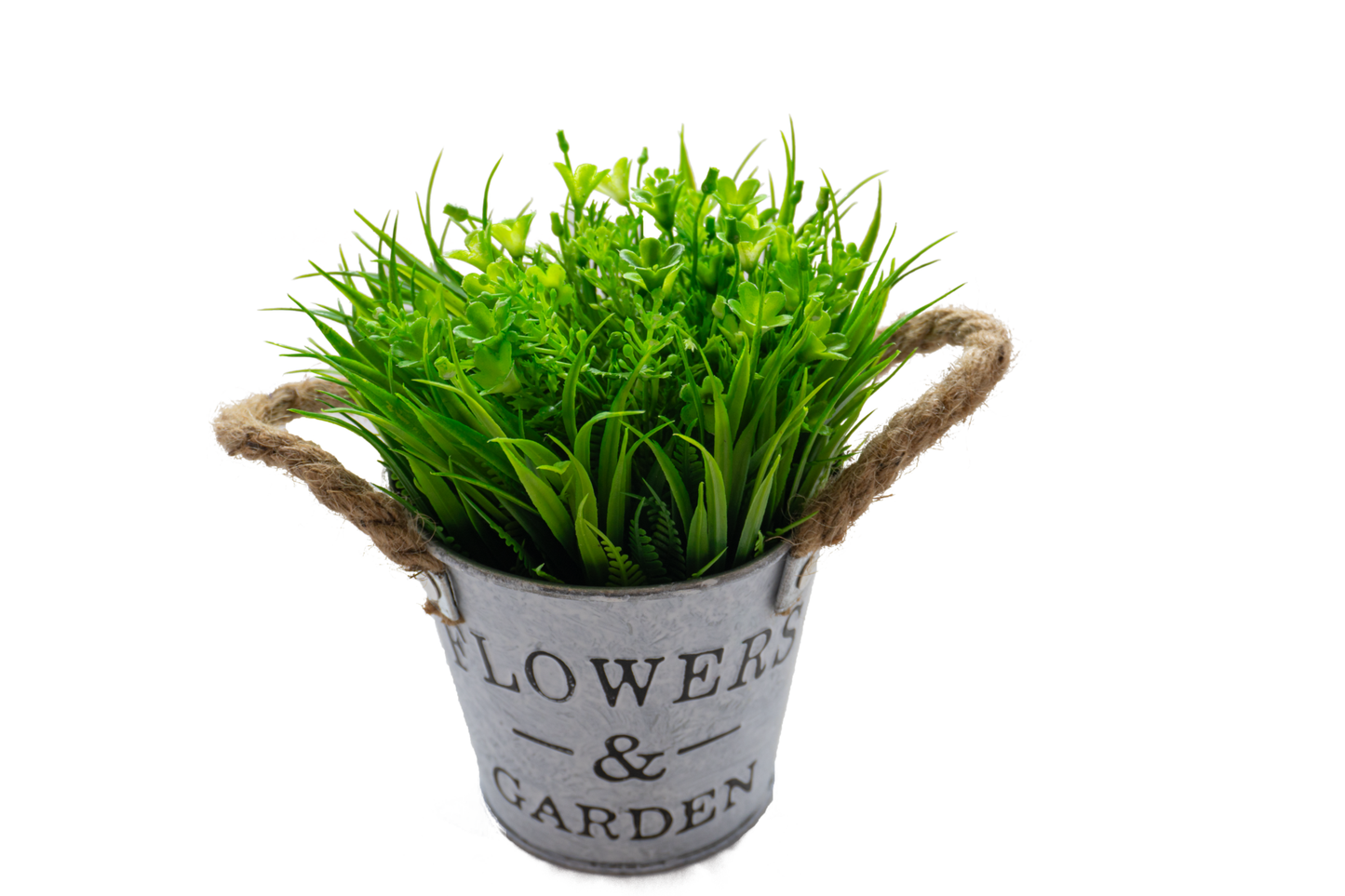 Maceta metal de asas cuerda, con flor gypsophila verde