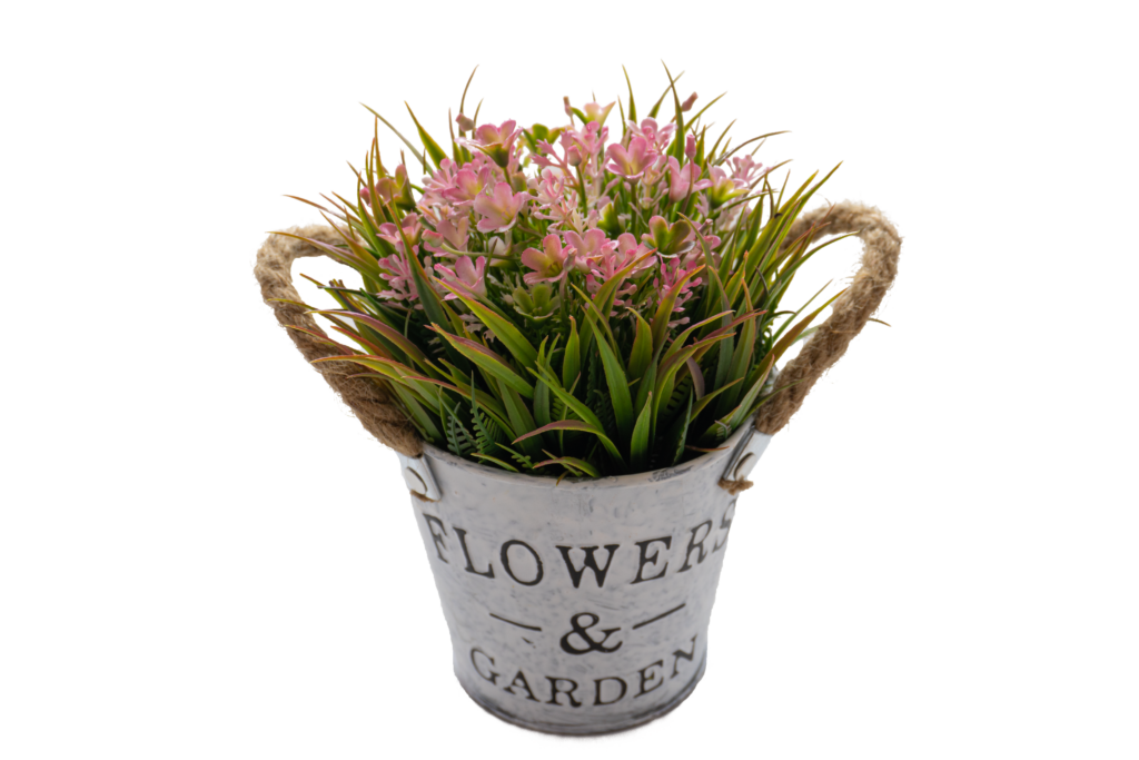 Maceta metal de asas cuerda, con flor gypsophila rosa