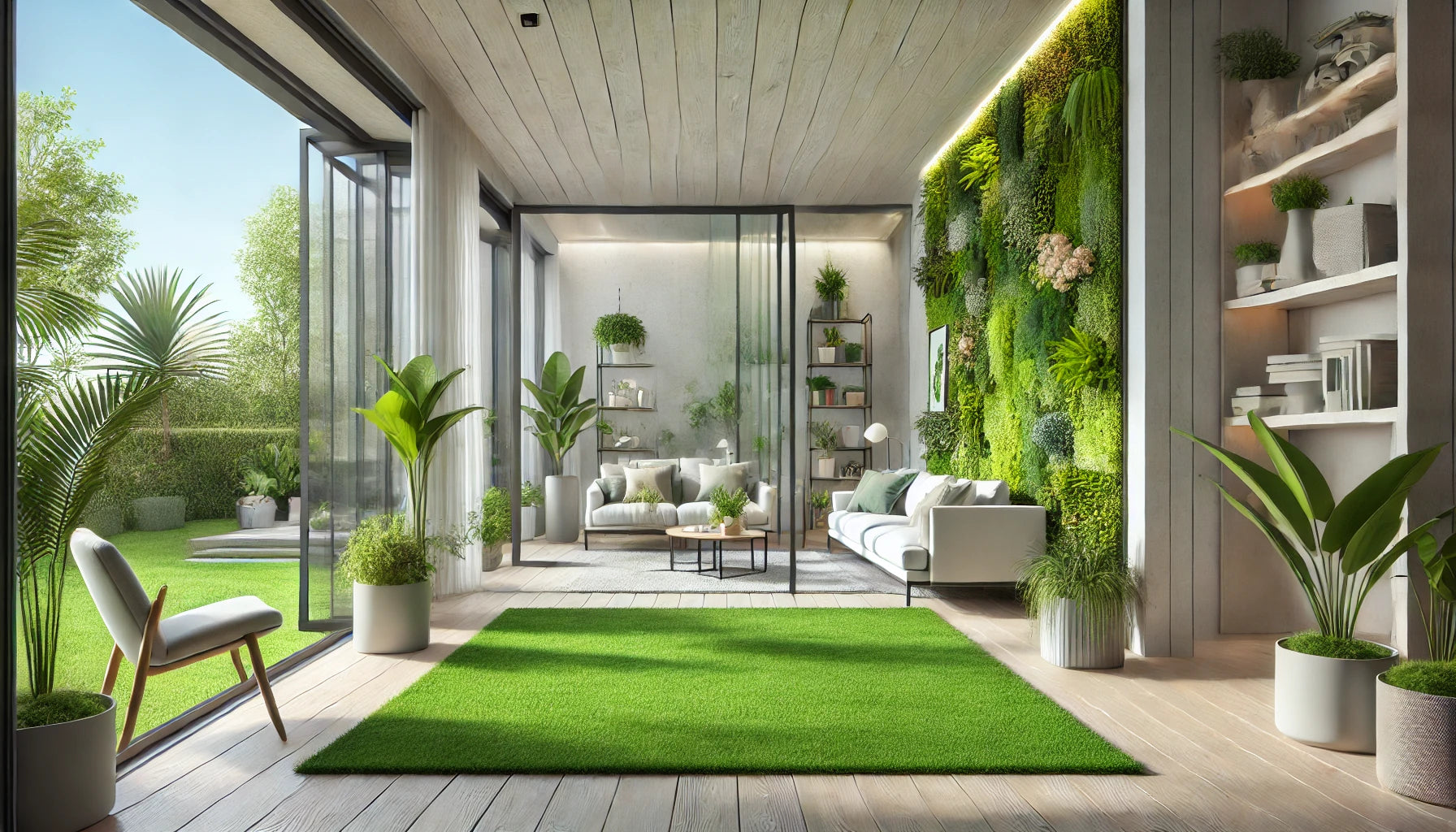 Comedor de una casa moderna con plantas artificiales y césped artificial