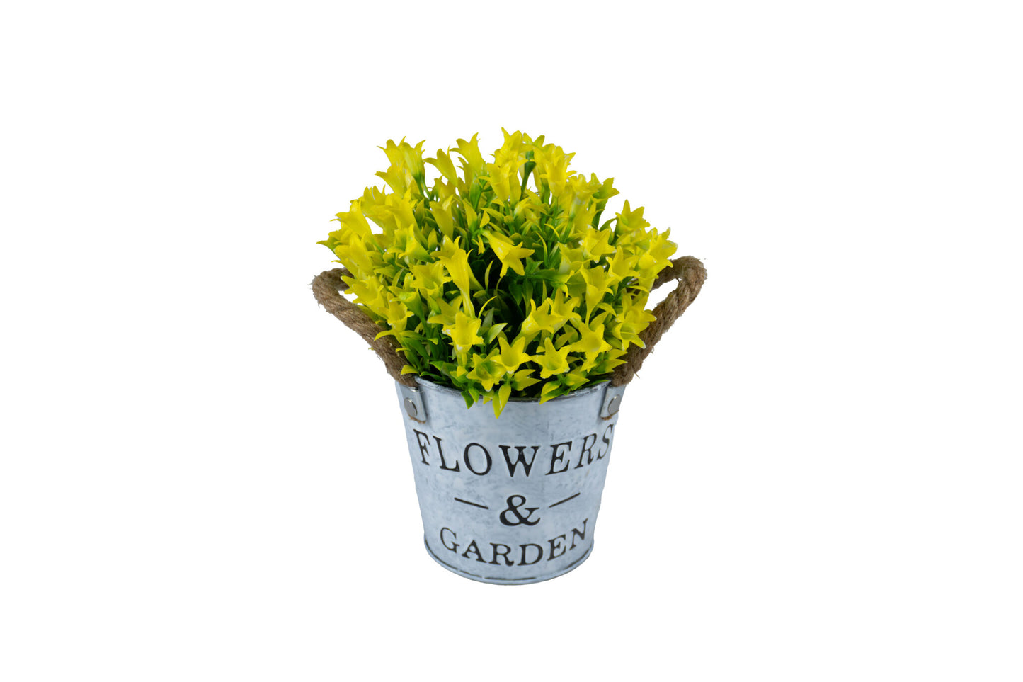 Maceta metal de asas cuerda, con mini flores silvestres amarillas